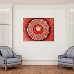 'Mandala Series 1 Muladhara' painting by Nitu Chhajer shown on a wall in a furnished room.