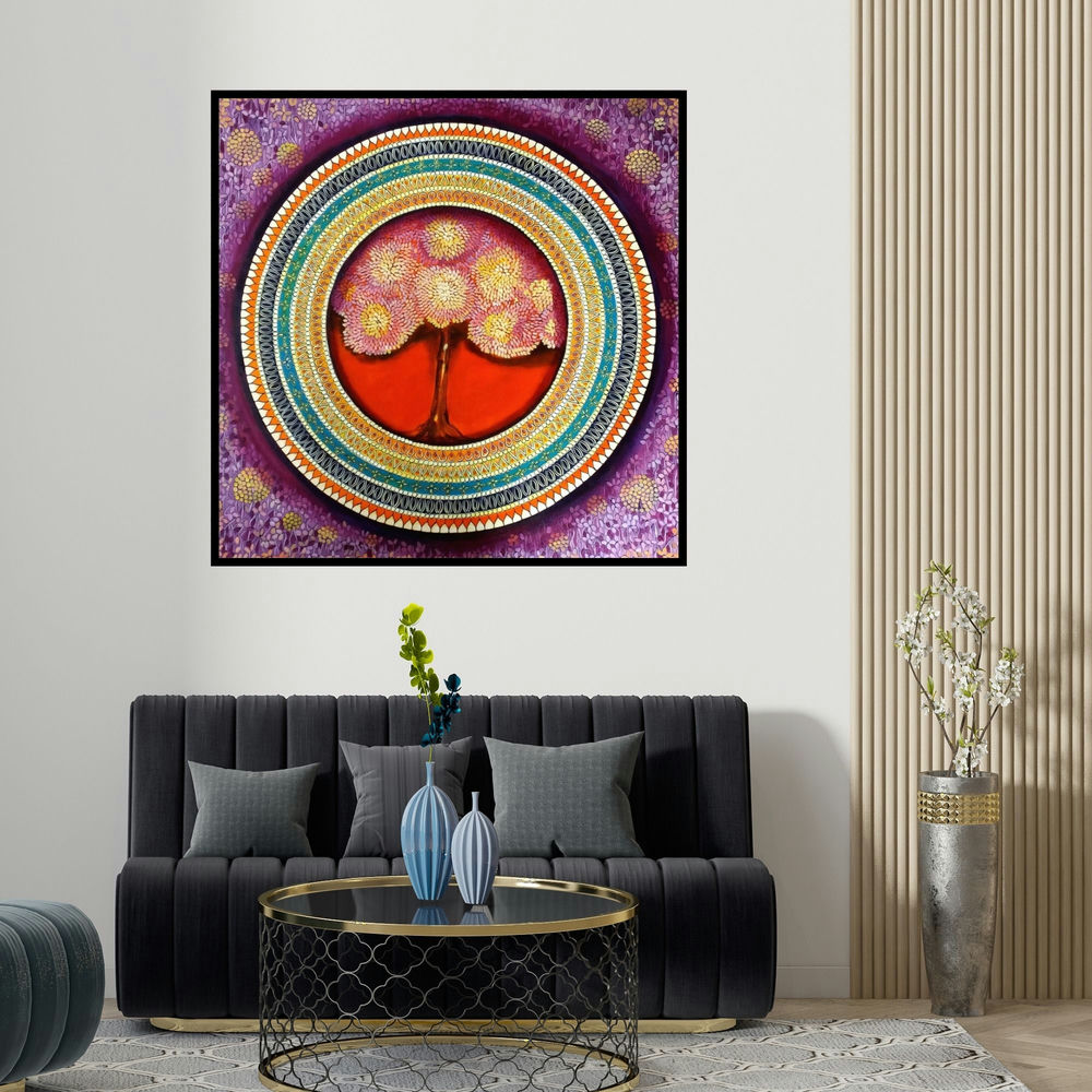 Nitu Chhajer's 'Mandala A Soul Connection 4' painting visualized above a sofa in a contemporary room.