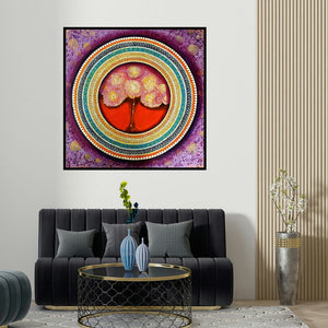 Nitu Chhajer's 'Mandala A Soul Connection 4' painting visualized above a sofa in a contemporary room.