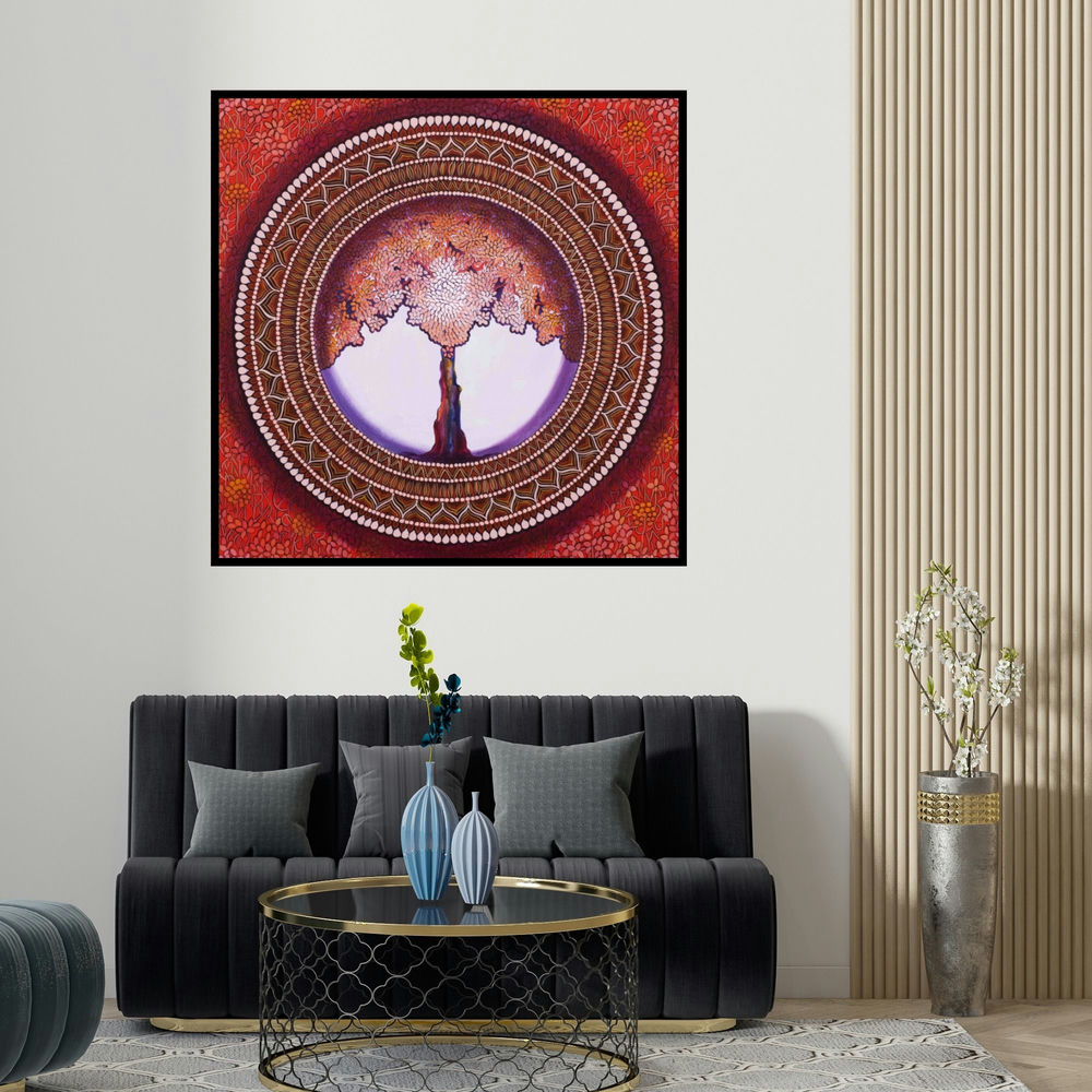 Nitu Chhajer's 'Mandala A Soul Connection Series 10 (The Cosmic Tree)' painting visualized above a sofa in a contemporary room.
