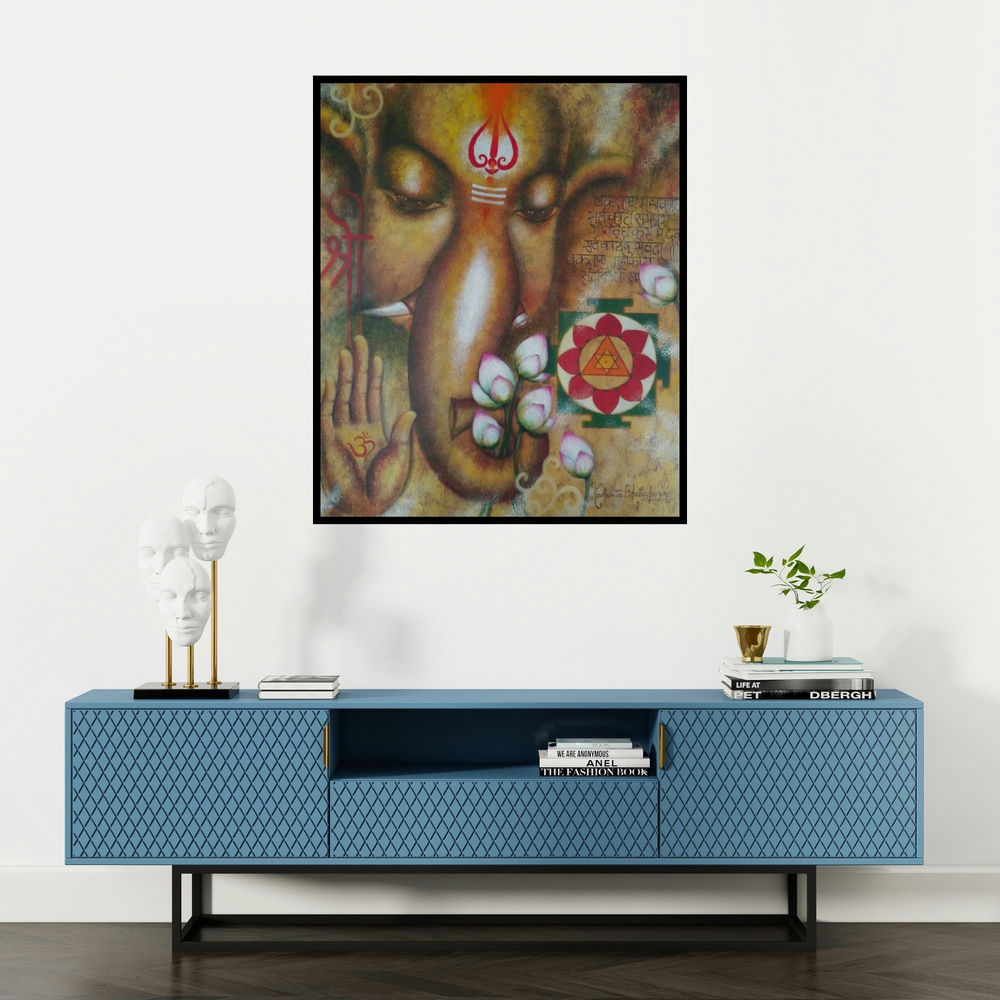 Madhumita Bhattacharya's 'Mangalmurti (Ganesh with Lotus)' painting visualized above a sofa in a contemporary room.