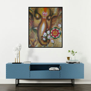 Madhumita Bhattacharya's 'Mangalmurti (Ganesh with Lotus)' painting visualized above a sofa in a contemporary room.