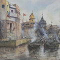 Cityscape watercolor painting titled 'Manikarnika Ghat Banaras', 20x14 inches, by artist Mrutyunjaya Dash on paper