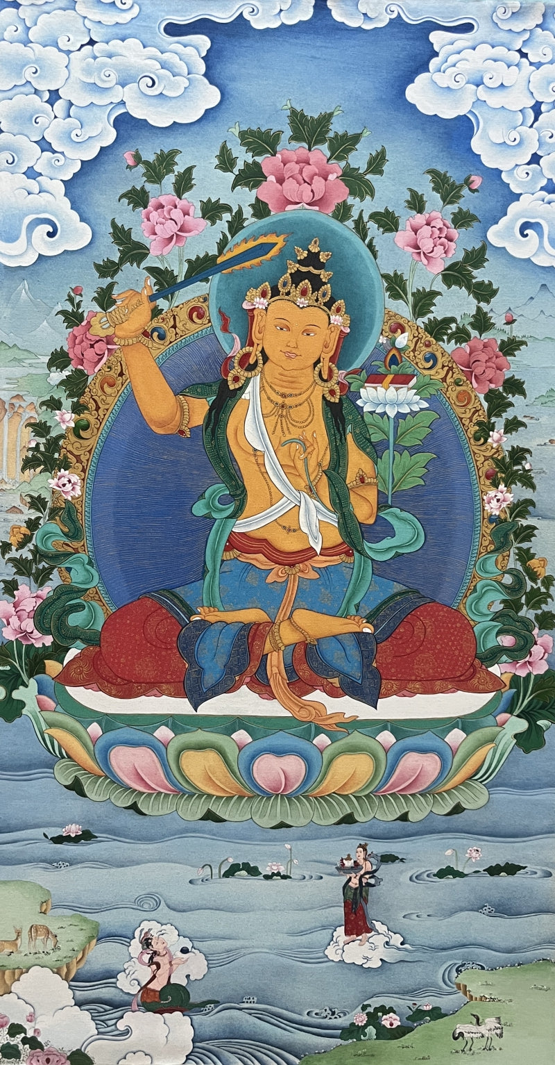 Manjushri Thangka' religious gouache painting by artist Aditi Agarwal, 30x18 inch, on cloth