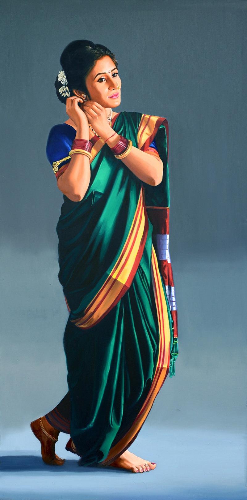 Figurative oil painting titled 'Manodnya', 72x36 inches, by artist Vinayak Takalkar on Canvas