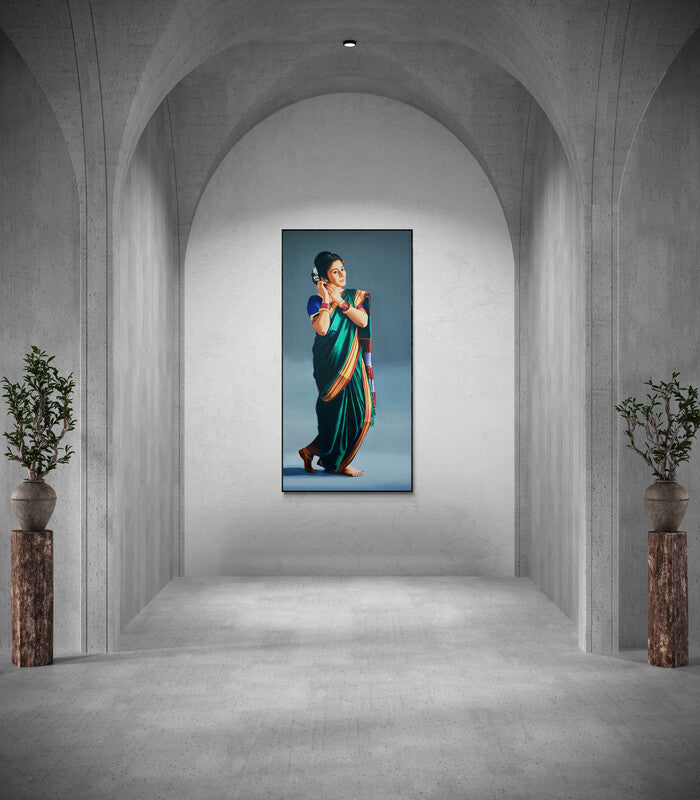 Vinayak Takalkar's painting 'Manodnya (A Moment of Grace)' displayed in a modern living room setting