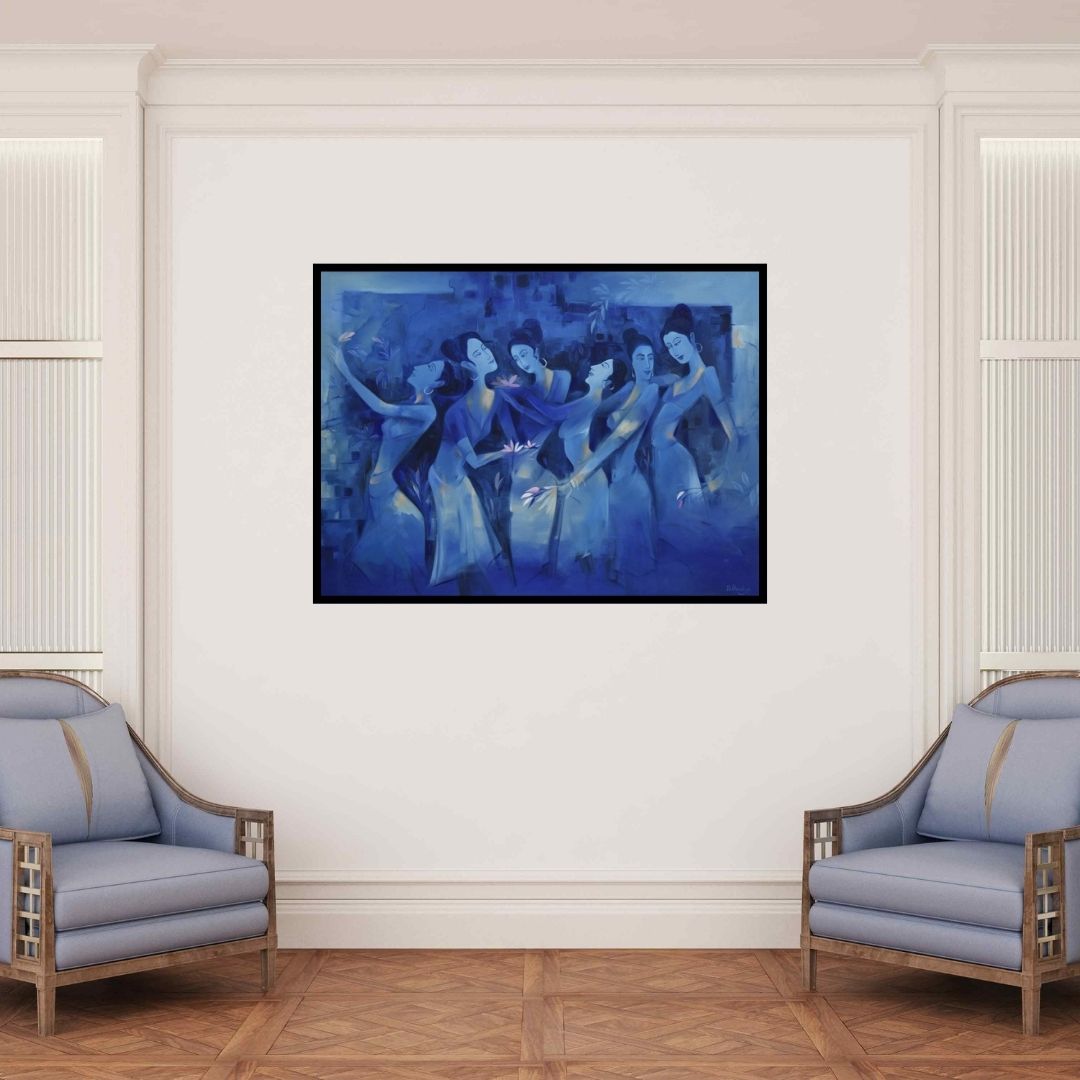 In-situ view of Durshit Bhaskar's 'Maraasim (Golden Tapestry)' painting in a room