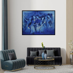 Preview of 'Maraasim (Golden Tapestry)' Painting by Durshit Bhaskar shown on a wall in a furnished room.