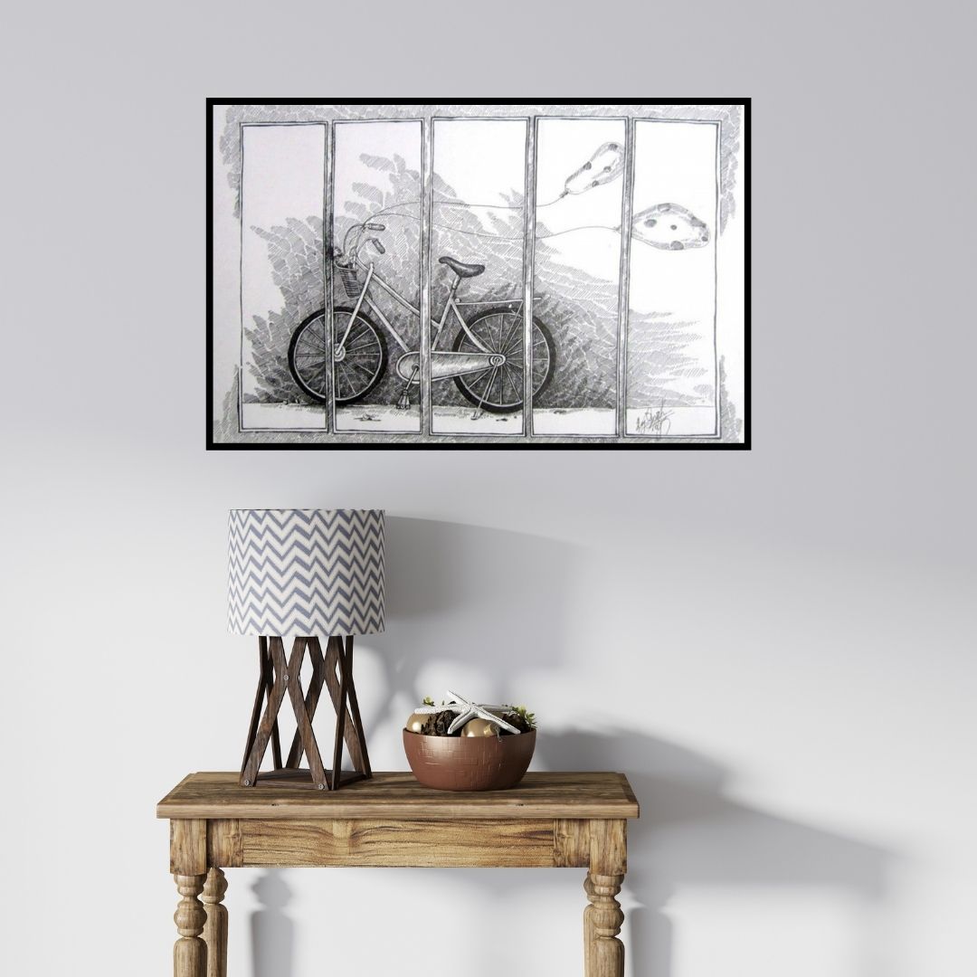 In-situ view of Raj Nandini R's 'Mari Cycle' painting in a room