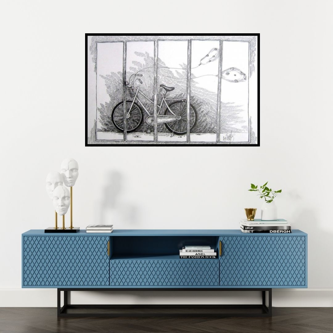 Preview of 'Mari Cycle' Painting by Raj Nandini R shown on a wall in a furnished room.