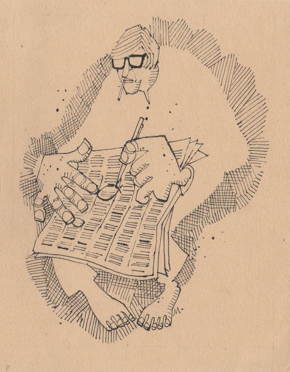 Cartoon pen ink drawing titled 'Mario Miranda Original B 182', 6x5 inches, by artist Mario Miranda on Paper