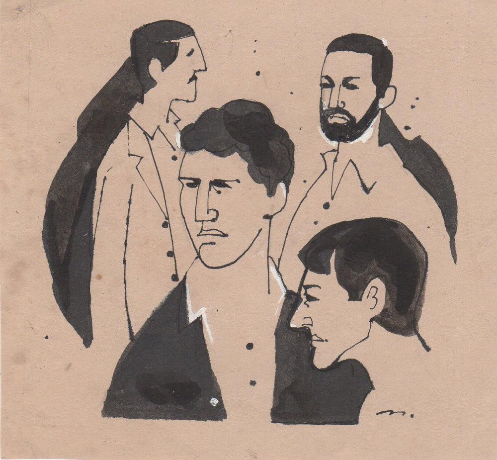 Figurative pen ink drawing titled 'Mario Miranda Original B 240', 4x4 inches, by artist Mario Miranda on Paper