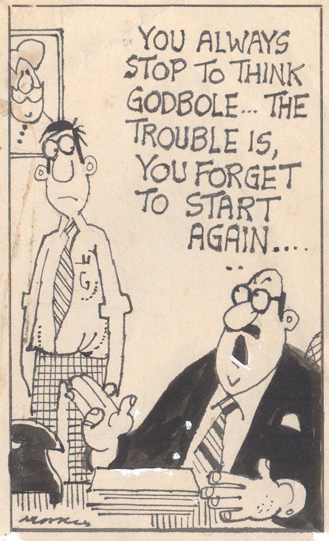 Cartoon pen ink drawing titled 'Mario Miranda Original C121', 5x3 inches, by artist Mario Miranda on Paper