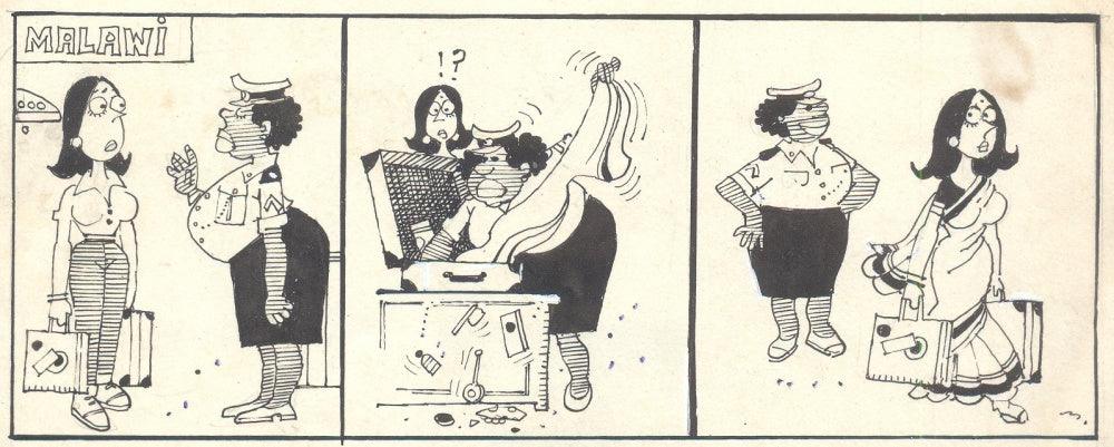 Cartoon pen ink drawing titled 'Mario Miranda Original C471', 3x8 inches, by artist Mario Miranda on Paper