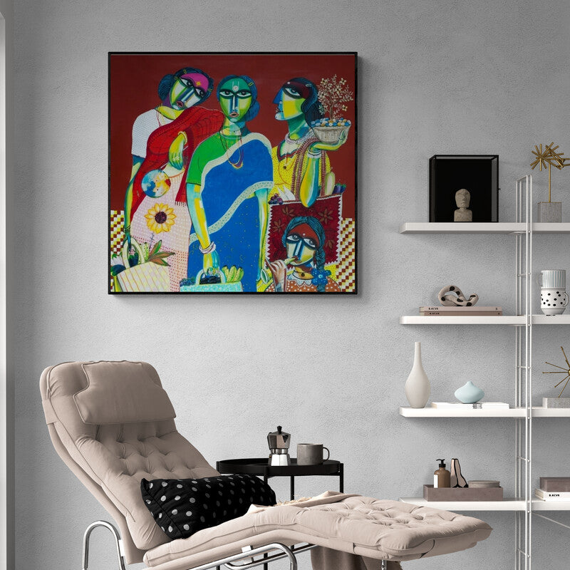 Arun K Mishra's painting 'Market (Market Day)' displayed in a modern living room setting
