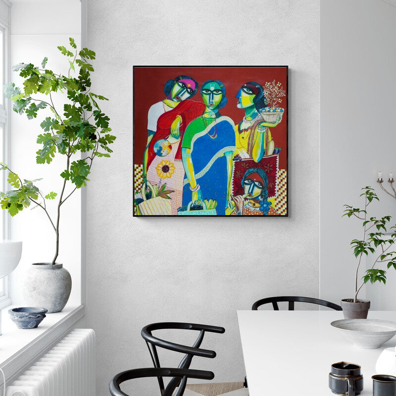 Arun K Mishra's 'Market (Market Day)' Painting visualized above a sofa in a contemporary room
