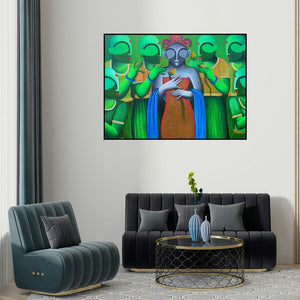 Anupam Pal's 'Marrage Ceremony' painting visualized above a sofa in a contemporary room.