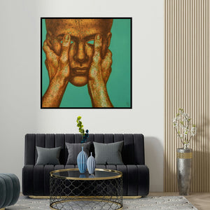 Nilesh Vede's 'The Mask' painting visualized above a sofa in a contemporary room.