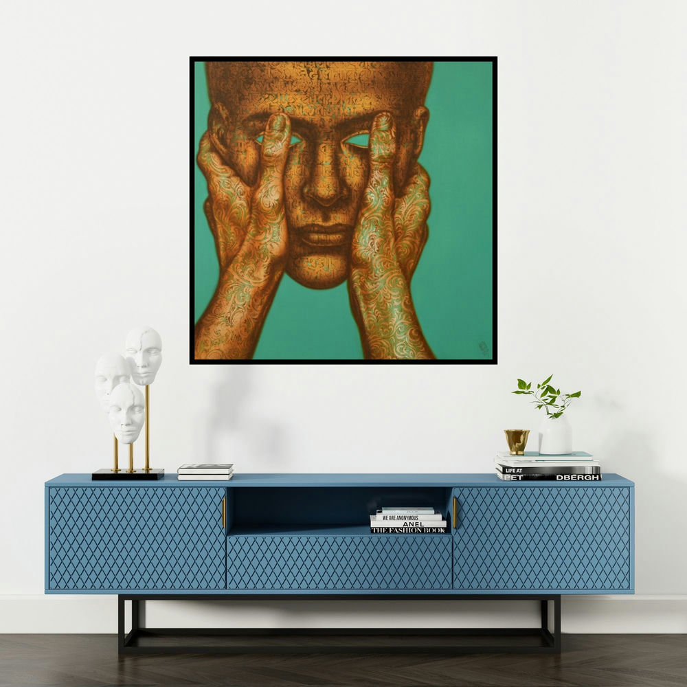 'The Mask' painting by Nilesh Vede shown on a wall in a furnished room.