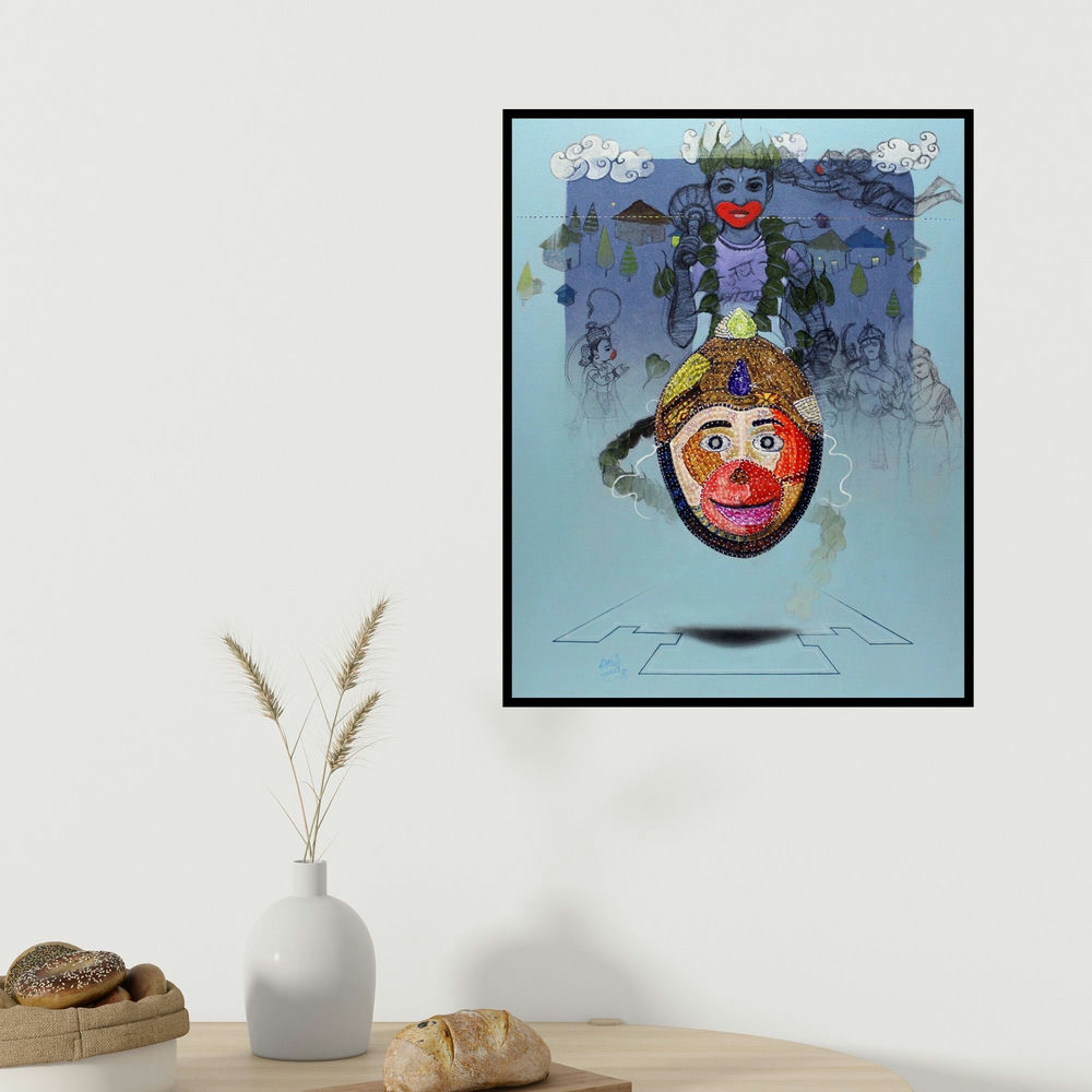 Ramchandra Kharatmal's 'Hanuman Mask 1 (Untitled)' painting visualized above a sofa in a contemporary room.