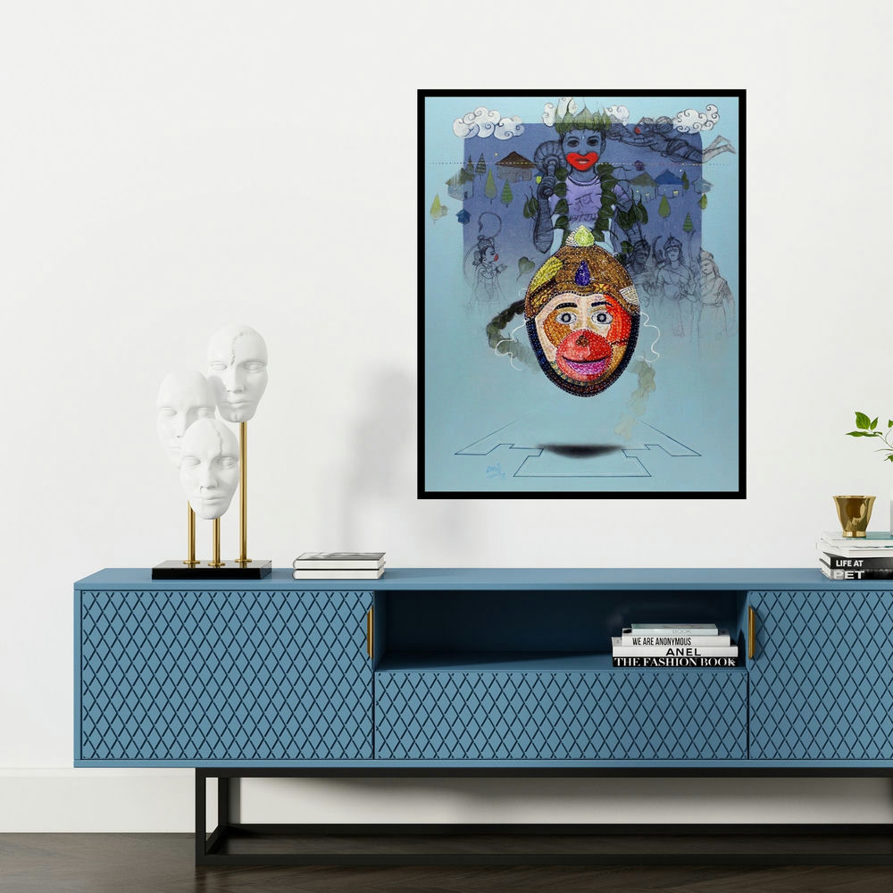 'Hanuman Mask 1 (Untitled)' painting by Ramchandra Kharatmal shown on a wall in a furnished room.