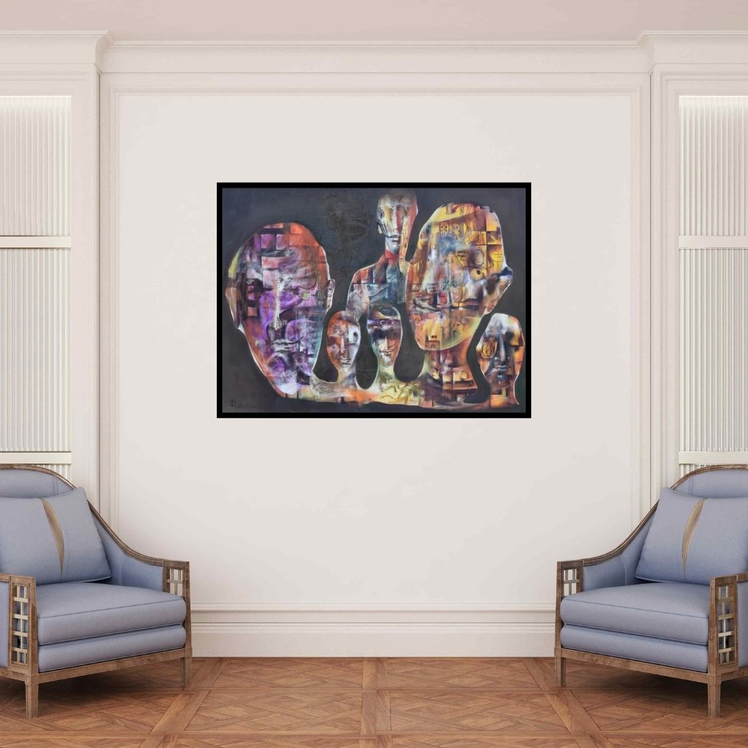 In-situ view of Durshit Bhaskar's 'Masks (Shared Destinies)' painting in a room