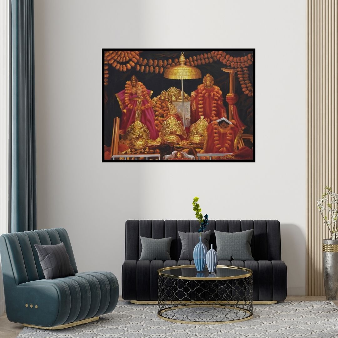 Preview of 'Mata Vaishno Devi (Blessings of the Divine Mother)' Painting by Kamal Rao shown on a wall in a furnished room.