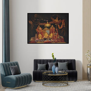 Preview of 'Mata Vaishno Devi (Divine Abode Mata Vaishno Devi Shrine)' Painting by Kamal Rao shown on a wall in a furnished room.