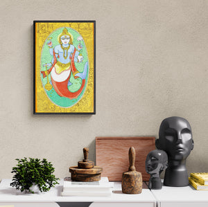 Preview of 'Matasya Avatar (Vishnu's Matsya Avatar)' Painting by Manisha Srivastava shown on a wall in a furnished room.