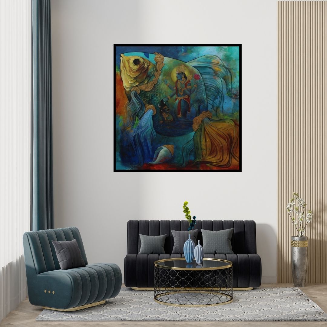 In-situ view of N P Rajeshwarr's 'Mathya Avatara (Matsya Avatar Cosmic Depths)' painting in a room
