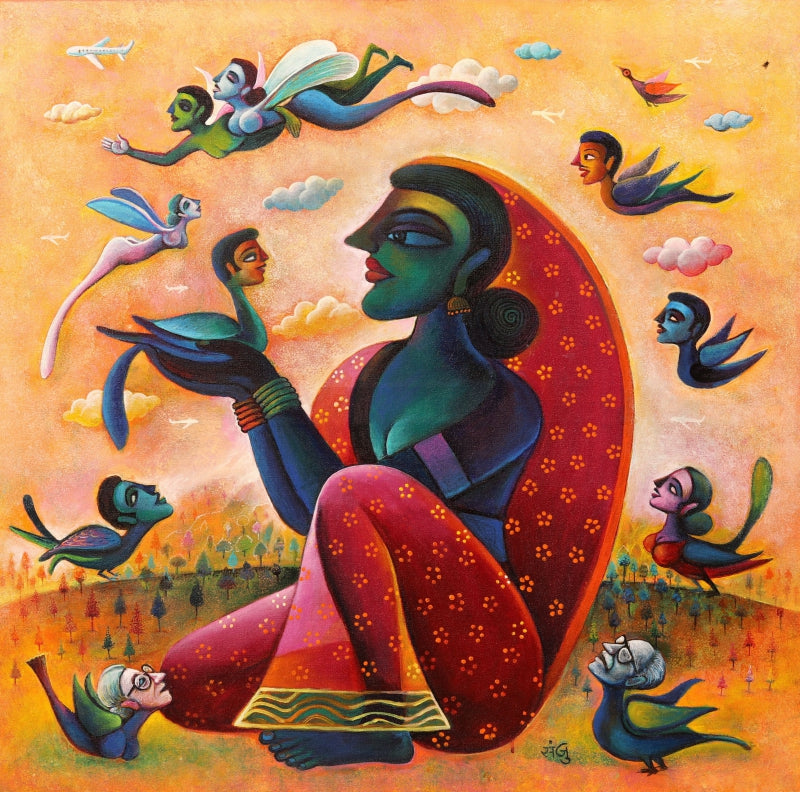 Matrimonial' figurative acrylic painting by artist Sanju Das, 36x36 inch, on canvas