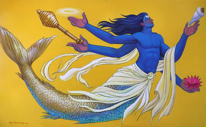 Matsya Narayanah' religious acrylic painting by artist Ramesh Nanware, 36x60 inch, on canvas