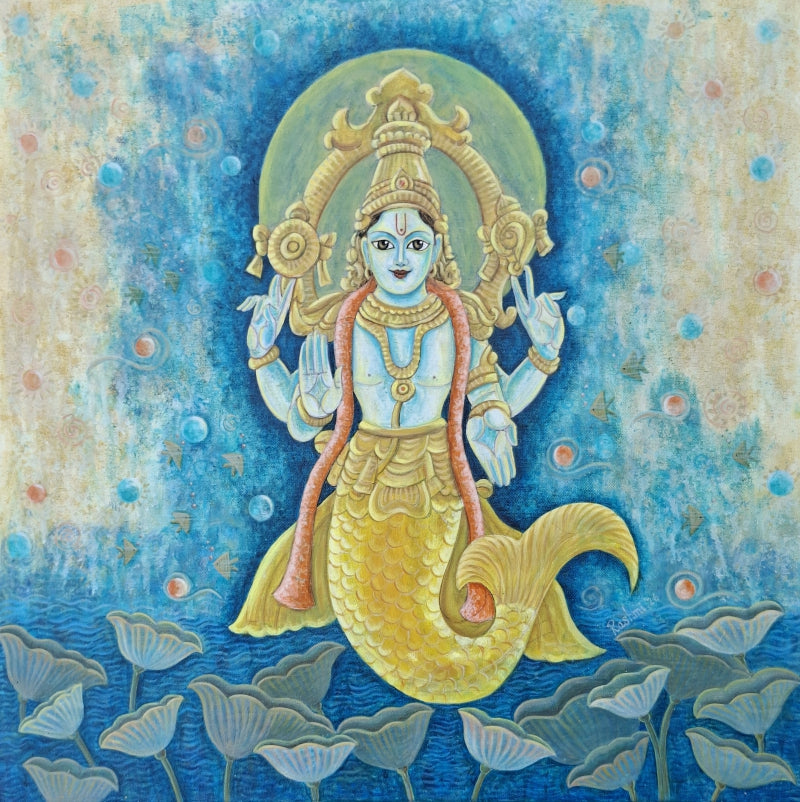 Matsyavtaar' religious acrylic painting by artist Rashmi Shivhare, 24x24 inch, on canvas