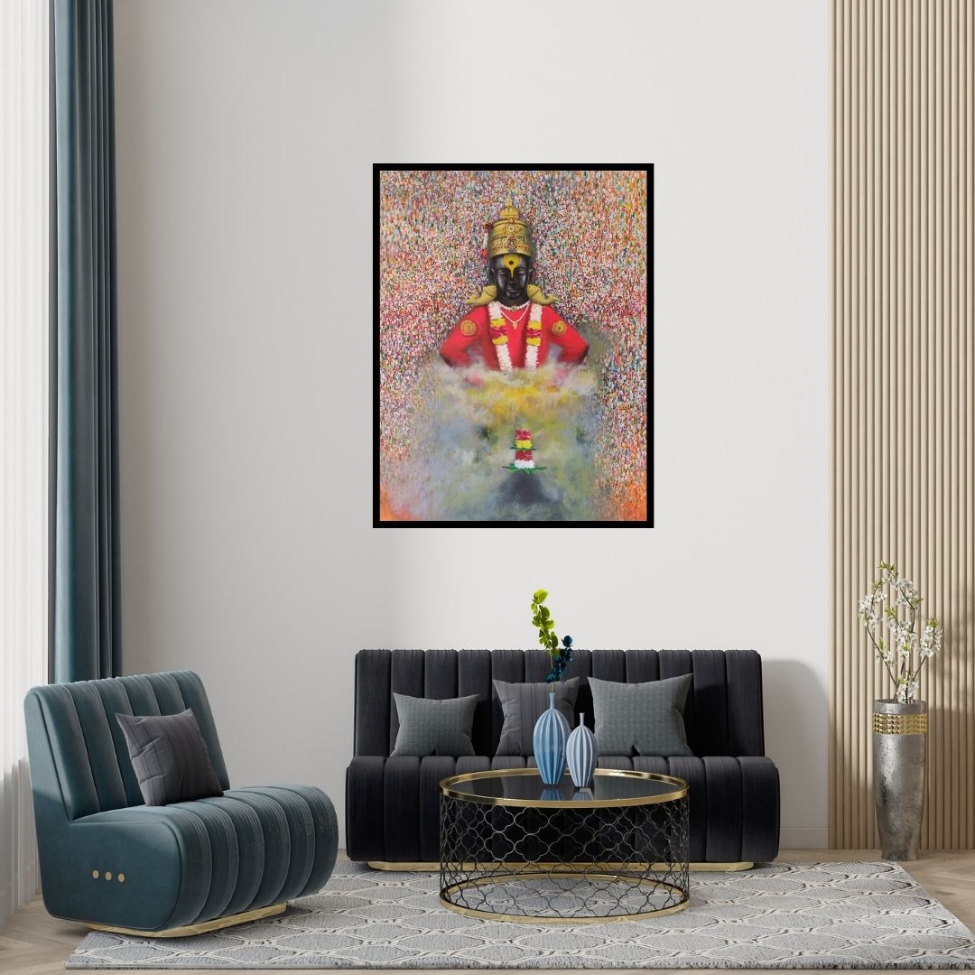 Preview of 'Mauli (Vitthal's Divine Embrace)' Painting by Amol Satre shown on a wall in a furnished room.