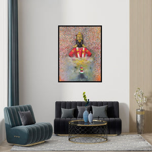 Preview of 'Mauli (Vitthal's Divine Embrace)' Painting by Amol Satre shown on a wall in a furnished room.