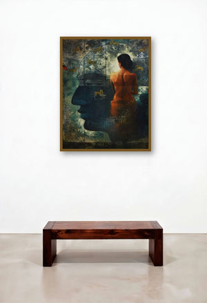 Mayabono Biharini Horini by artist Sanjib Gogoi displayed in a Japandi Lounge