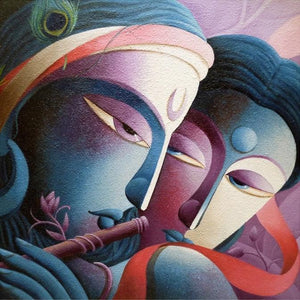 Mayavi 1 (Divine Melody Radha Krishna) by Dhananjay Mukherjee, Original Acrylic Religious Painting on Canvas, Medium Square Wall Art