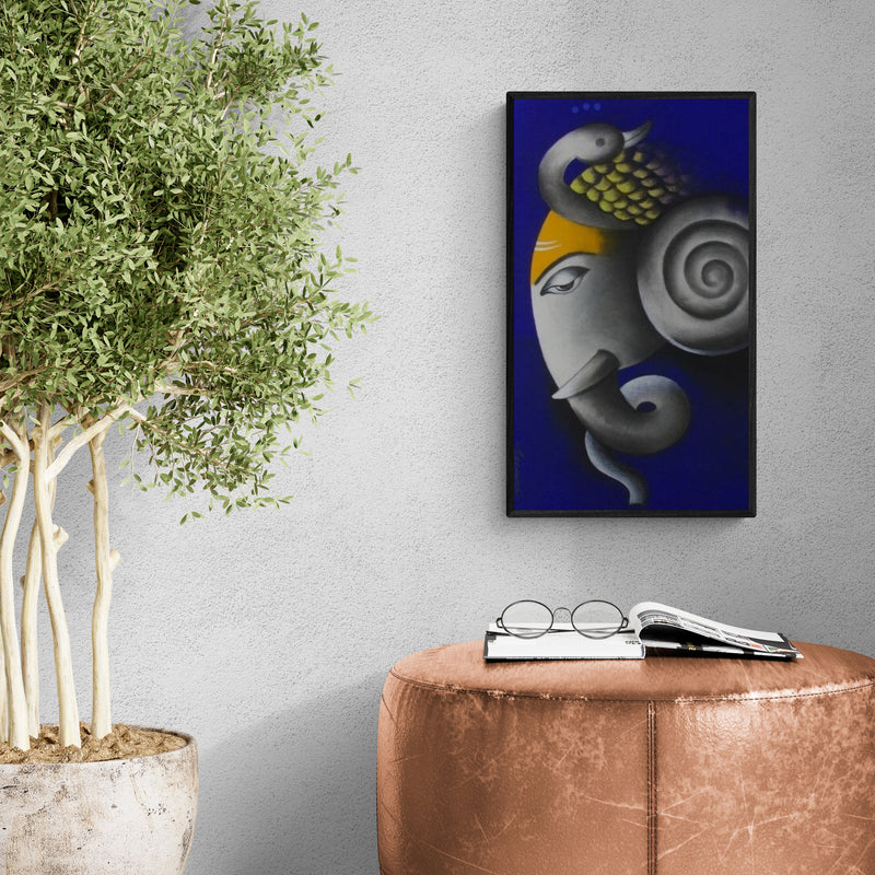 Preview of 'Mayuresh Ganesha (Ganesha with Swan)' Painting by Somnath Bothe shown on a wall in a furnished room.