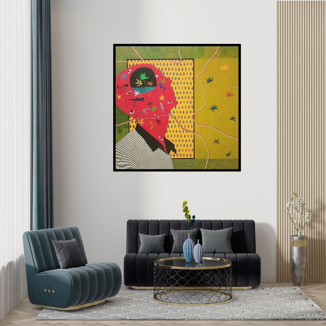 Preview of 'Maze I (Window to the Soul)' Painting by Devidas Agase shown on a wall in a furnished room.
