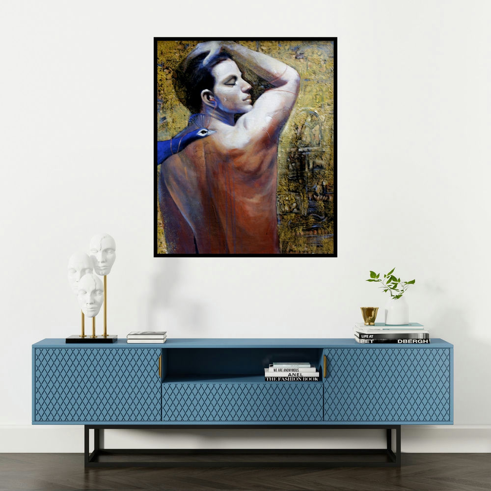 Jiban Biswas's 'Me' painting visualized above a sofa in a contemporary room.