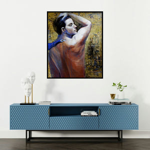 Jiban Biswas's 'Me' painting visualized above a sofa in a contemporary room.