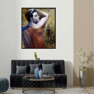 'Me' painting by Jiban Biswas shown on a wall in a furnished room.