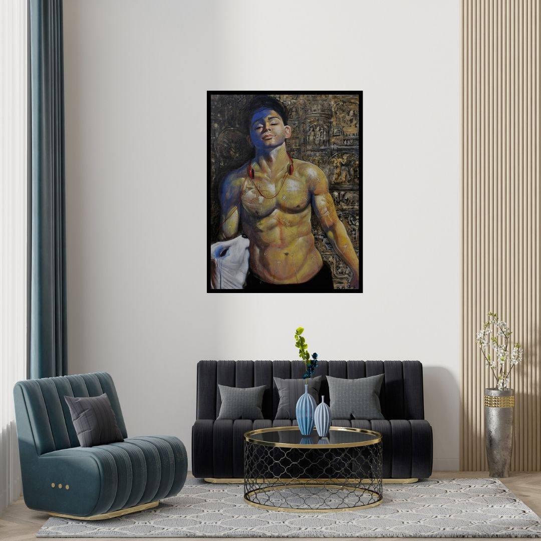 Preview of 'Me 2' Painting by Jiban Biswas shown on a wall in a furnished room.