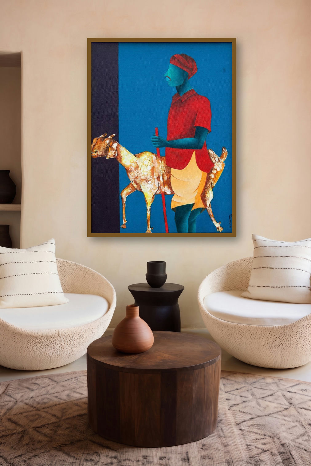 Me And My Goat (Pastoral Harmony) by artist Abhiram Bairu displayed in a Contemporary Exhibition gallery