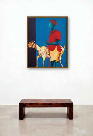 Me And My Goat (Pastoral Harmony) by artist Abhiram Bairu displayed in a Scandinavian Hotel Lobby