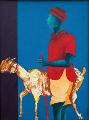 Me And My Goat (Pastoral Harmony) by Abhiram Bairu, Original Acrylic Figurative Painting on Canvas, Small Vertical Wall Art