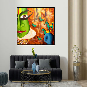 Deepali Mundra's 'Me & The Mask' painting visualized above a sofa in a contemporary room.