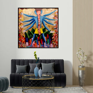 Deepali Mundra's 'Me Or Samaya Chakra (Embrace of Diversity)' painting visualized above a sofa in a contemporary room.