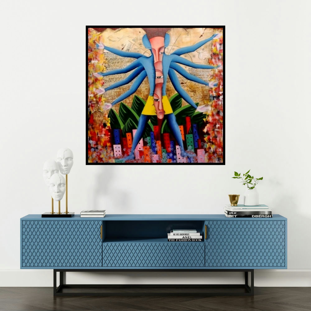 'Me Or Samaya Chakra (Embrace of Diversity)' painting by Deepali Mundra shown on a wall in a furnished room.