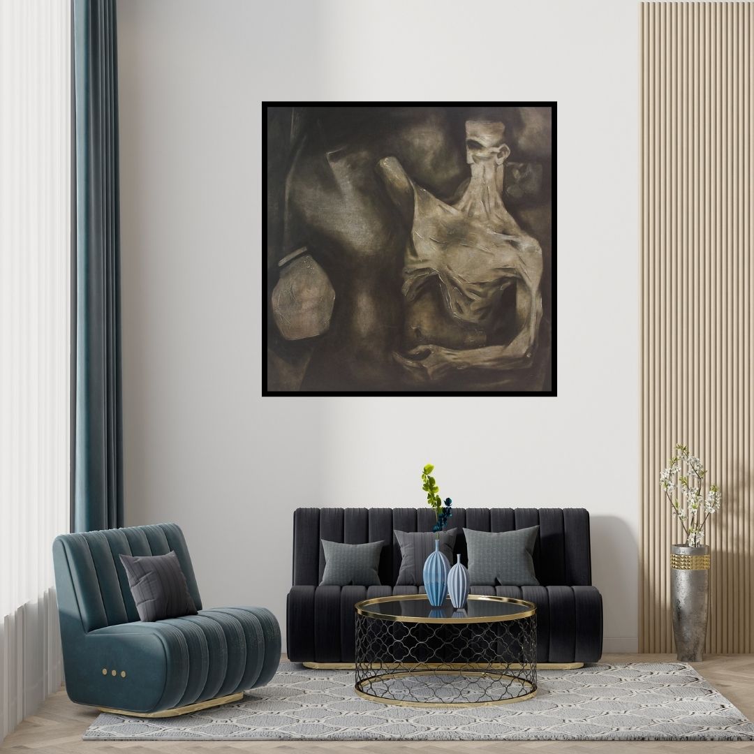 Preview of 'Me2 (The Burden of Existence)' Painting by Akashay Avsare shown on a wall in a furnished room.